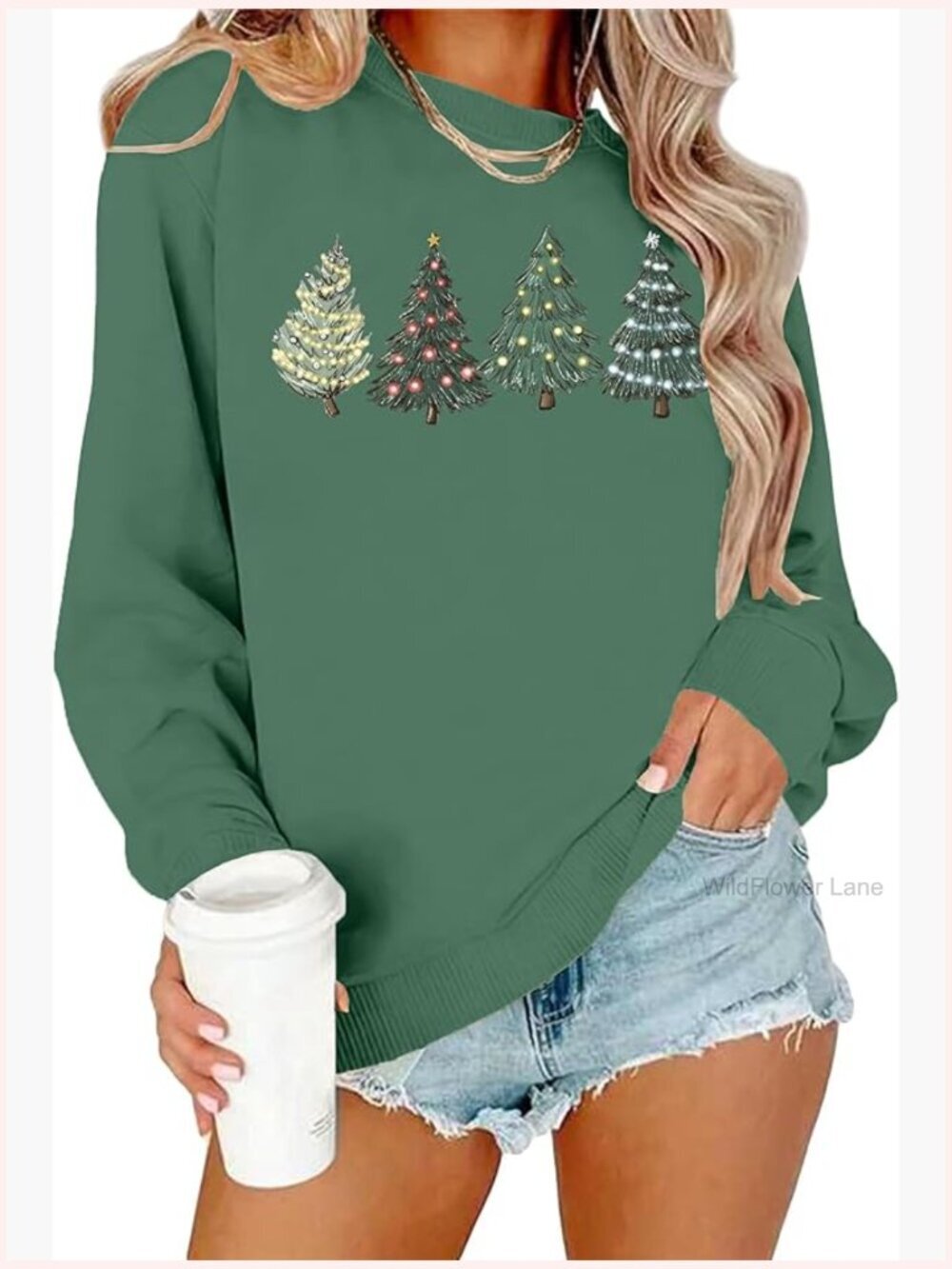 Women's Christmas Tree Long Sleeve Crewneck Pullover Sweatshirt